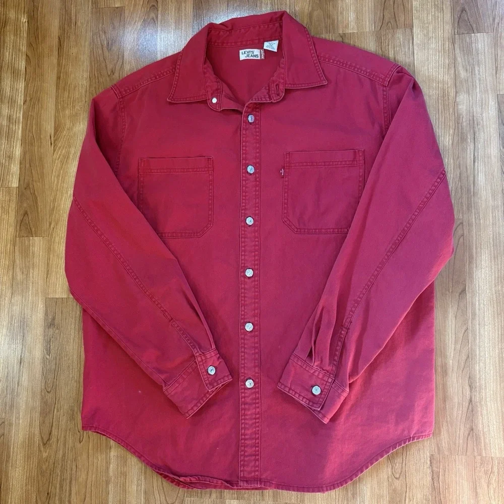 Vintage Levi's Red Tab Shirt 90s Red Denim Metal Buttons Large Western Rodeo